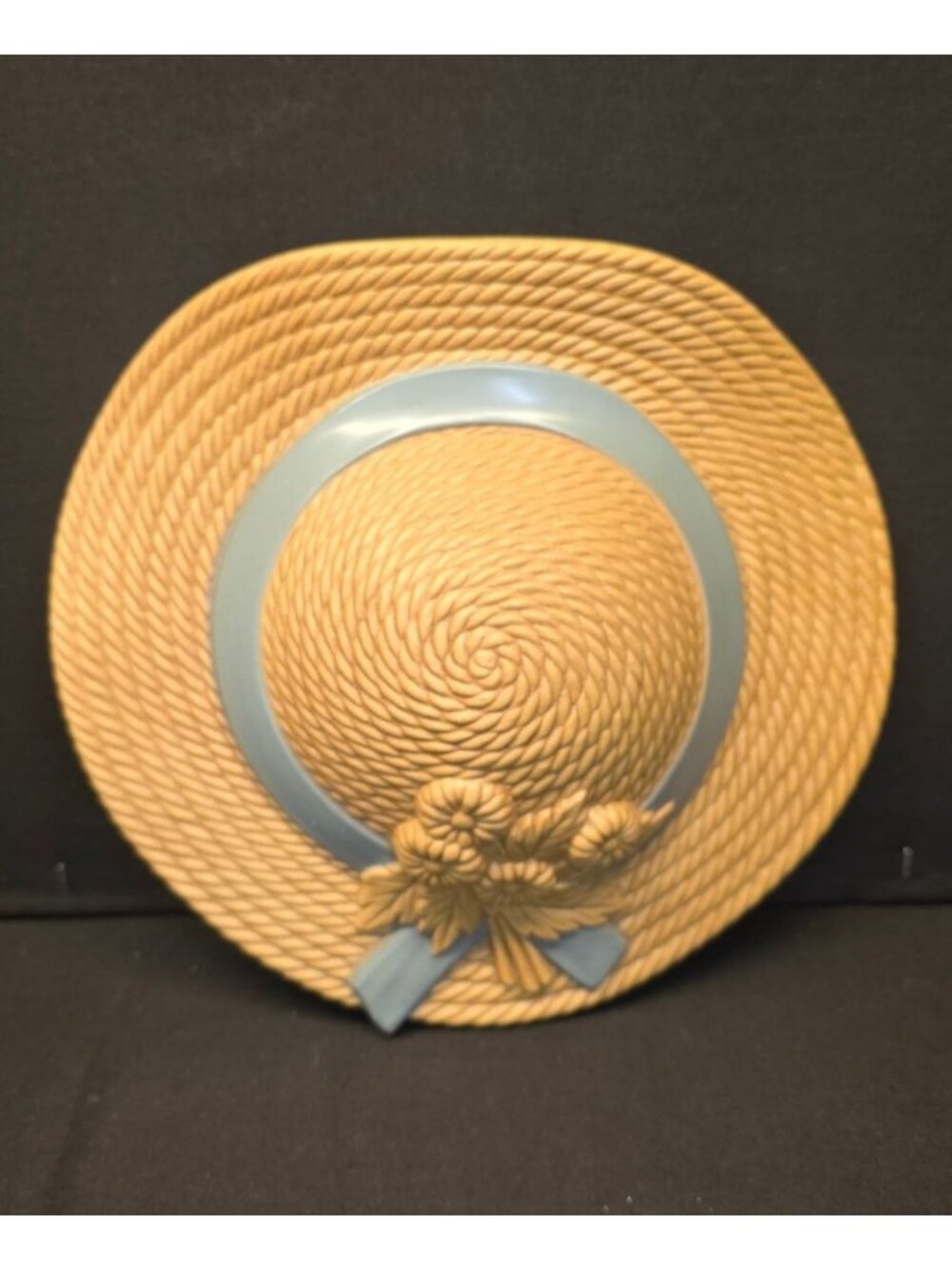 Vintage Burwood Straw Hat Bonnet Blue Bow Wall Pocket Cottagecore Decor